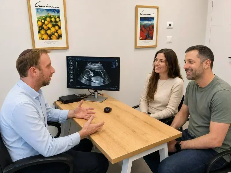 Dr. Ron Harak explaining ultrasound findings to a pregnant woman at the clinic